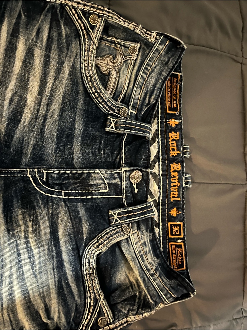 Rock Revival Distressed Dark Wash Jeans with White Contrast Stitching